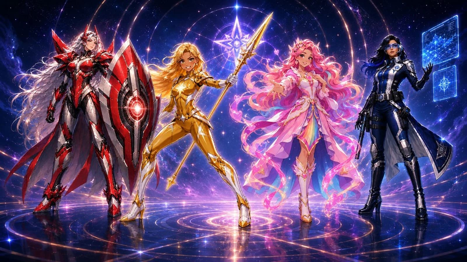 The four Aspects of Essence: Sheena, Stella, Solica, and Samara standing together at the Nexus
