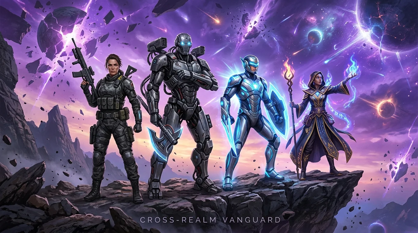 Champions gathered at a Nexus threshold