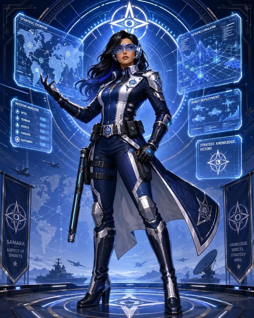 Samara commanding a field of blue holographic maps