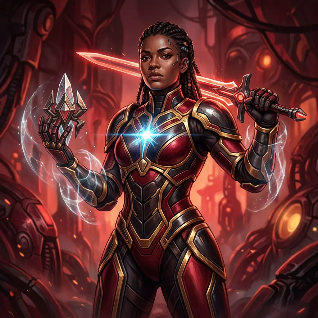 Sheena in crimson living armour holding the Unbroken Core