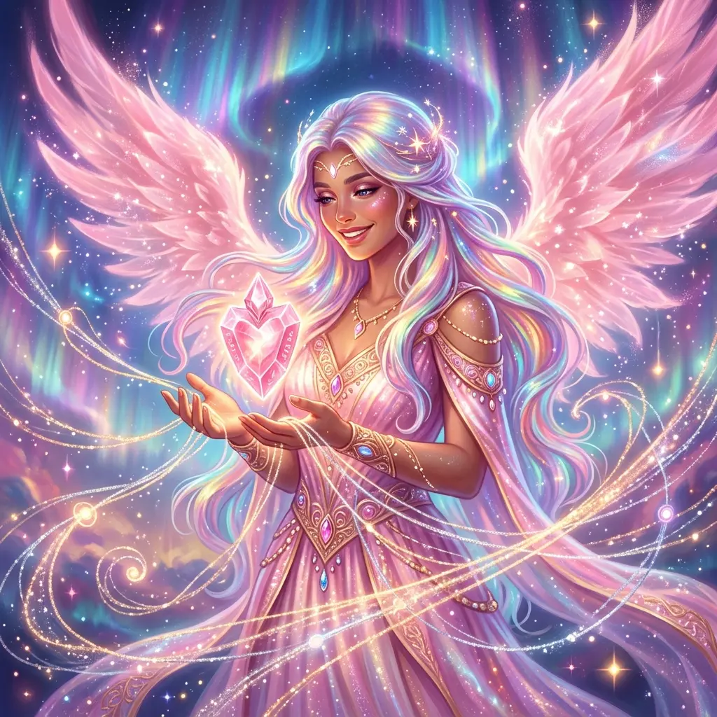 Solica holding the radiant Concord Heart beneath aurora light
