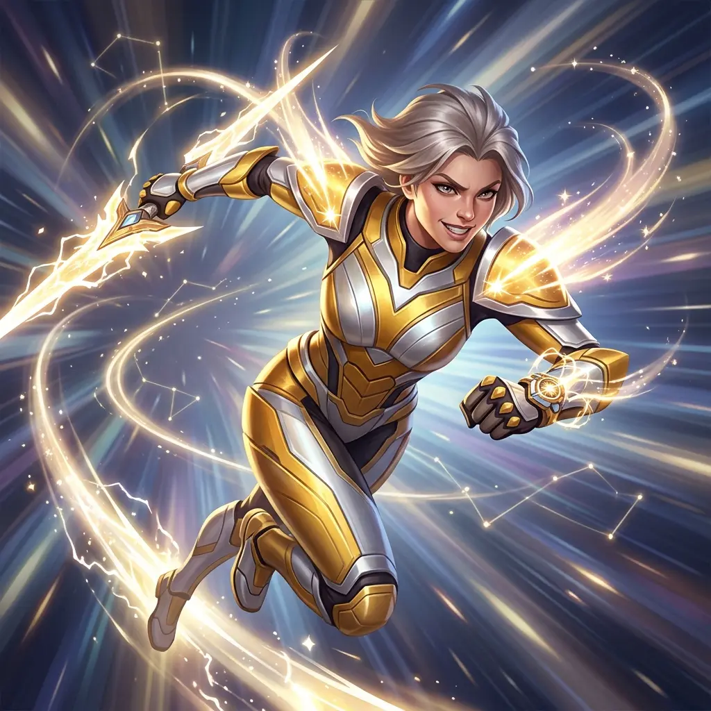 Stella racing through starlight in radiant golden armour